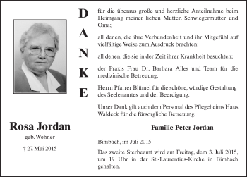 Traueranzeige von Rosa Jordan 
