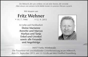 Traueranzeige von Fritz Wehner 