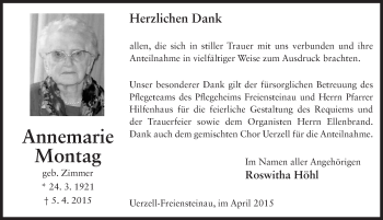 Traueranzeige von Annemarie Montag 