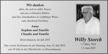 Traueranzeige von Willy Storch 