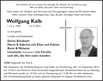 Traueranzeige von Wolfgang Kalb 