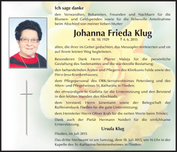 Traueranzeige von Johanna Frieda Klug 