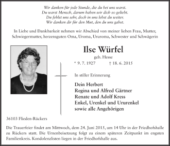 Traueranzeige von Ilse Würfel 