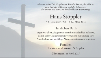 Traueranzeige von Hans Stöppler 