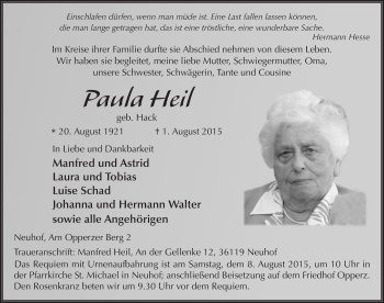 Traueranzeige von Paula Heil 