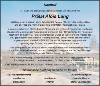 Traueranzeige von Alois Lang 