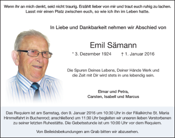 Traueranzeige von Emil Sämann 