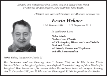 Traueranzeige von Erwin Wehner 