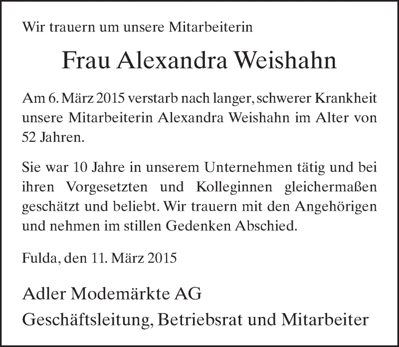 Traueranzeige für Alexandra Annemarie Weishahn vom 11.03.2015 aus 