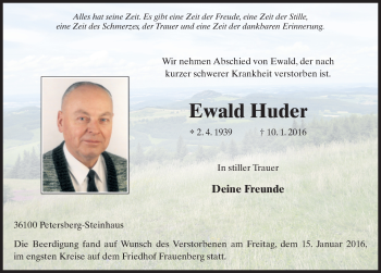Traueranzeige von Ewald Huder 