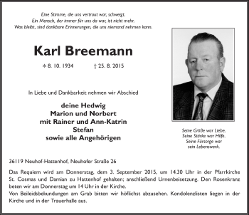 Traueranzeige von Karl Breemann 