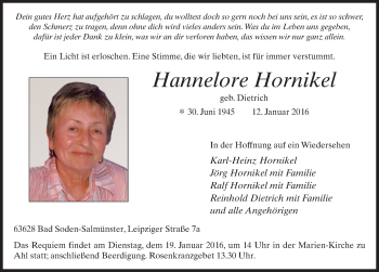 Traueranzeige von Hannelore Hornikel 