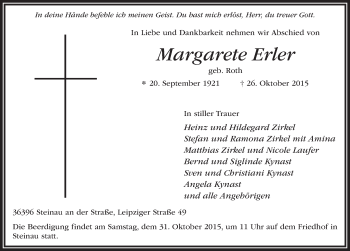 Traueranzeige von Margarete Erler 