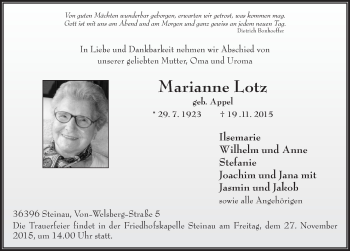 Traueranzeige von Marianne Lotz 