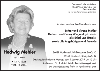 Traueranzeige von Hedwig Mehler 