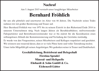 Traueranzeige von Bernhard Fröhlich 