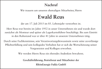 Traueranzeige von Ewald Reus 