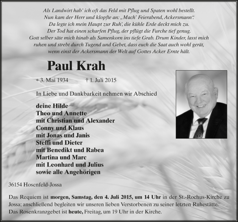  Traueranzeige für Paul Krah vom 03.07.2015 aus Fuldaer Zeitung