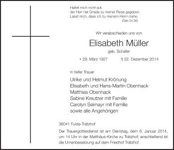 Traueranzeige von Elisabeth Müller 