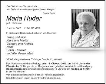 Traueranzeige von Maria Huder 