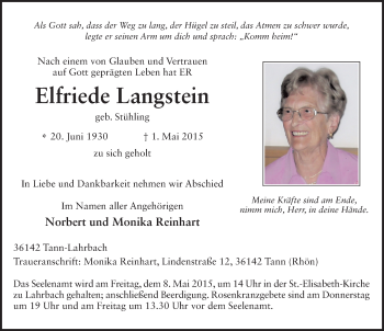 Traueranzeige von Elfriede Langstein 
