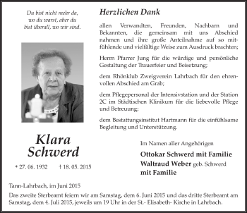 Traueranzeige von Klara Schwerd 