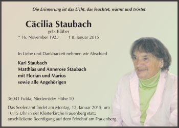 Traueranzeige von Cäcilia Staubach 