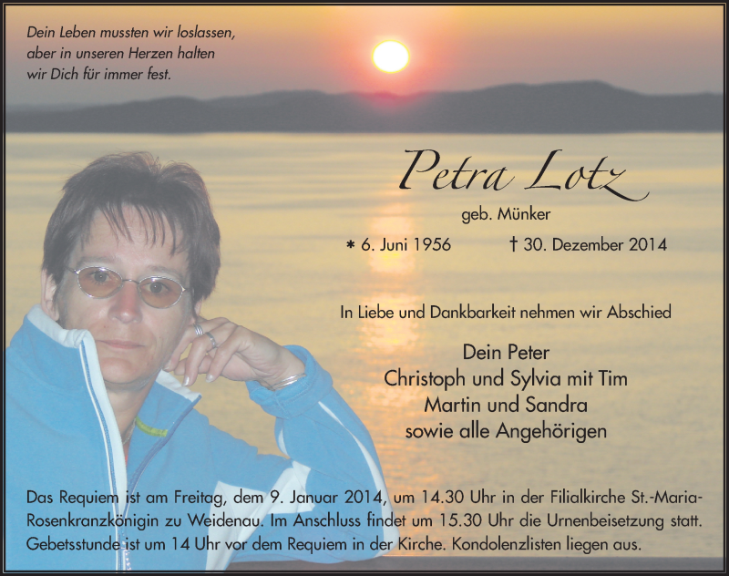  Traueranzeige für Petra Lotz vom 06.01.2015 aus 