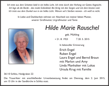 Traueranzeige von Hilde Marie Rauschel 