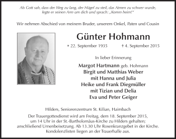 Traueranzeige von Günter Hohmann 