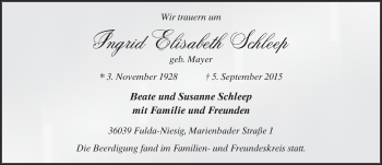 Traueranzeige von Ingrid Elisabeth Schleep 
