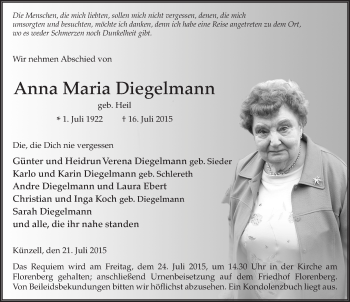 Traueranzeige von Anna Maria Diegelmann 