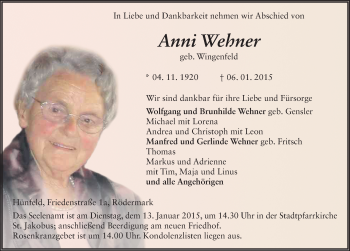 Traueranzeige von Anni Wehner 
