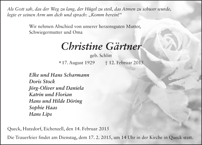  Traueranzeige für Christine Gärtner vom 14.02.2015 aus 