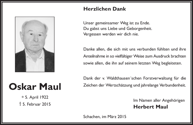  Traueranzeige für Oskar Maul vom 21.03.2015 aus 