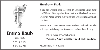 Traueranzeige von Emma Raub 