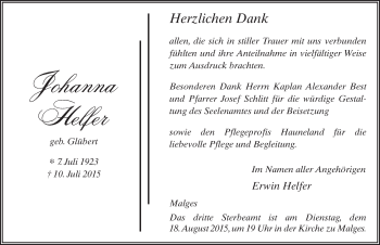 Traueranzeige von Johanna Helfer 