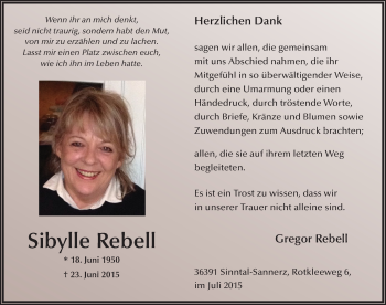 Traueranzeige von Sibylle Rebell 