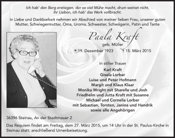 Traueranzeige von Paula Kraft 