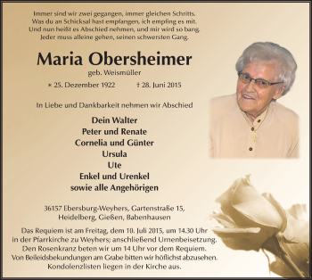 Traueranzeige von Maria Obersheimer 