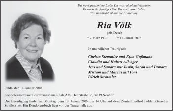Traueranzeige von Ria Völk 