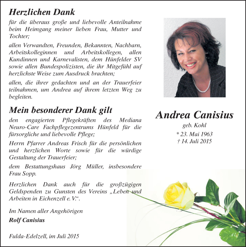  Traueranzeige für Andrea Canisius vom 25.07.2015 aus 