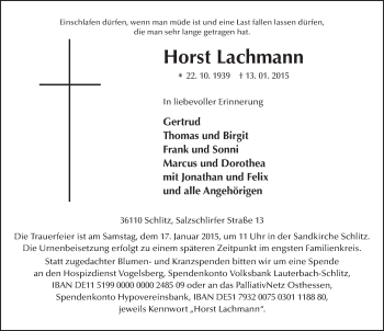 Traueranzeige von Horst Lachmann 