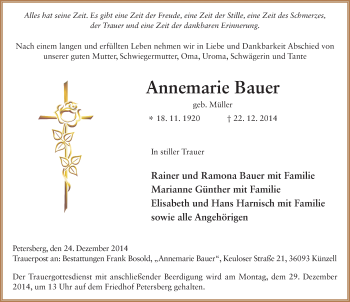 Traueranzeige von Annemarie Bauer 