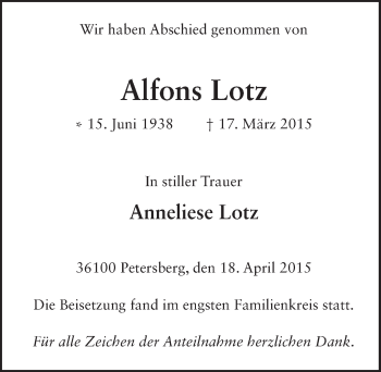 Traueranzeige von Alfons Lotz 