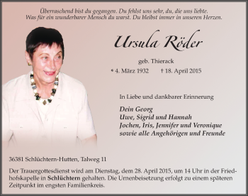 Traueranzeige von Ursula Röder 