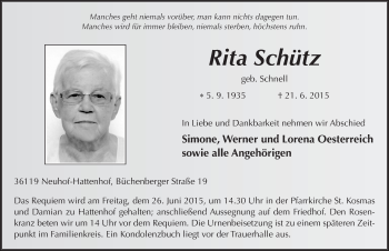 Traueranzeige von Rita Schütz 