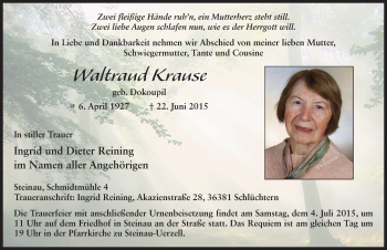 Traueranzeige von Waltraud Krause 