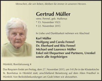 Traueranzeige von Gertrud Müller verw. Fennel, 