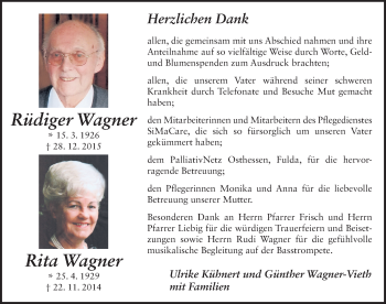 Traueranzeige von Rüdiger und Rita Wagner 